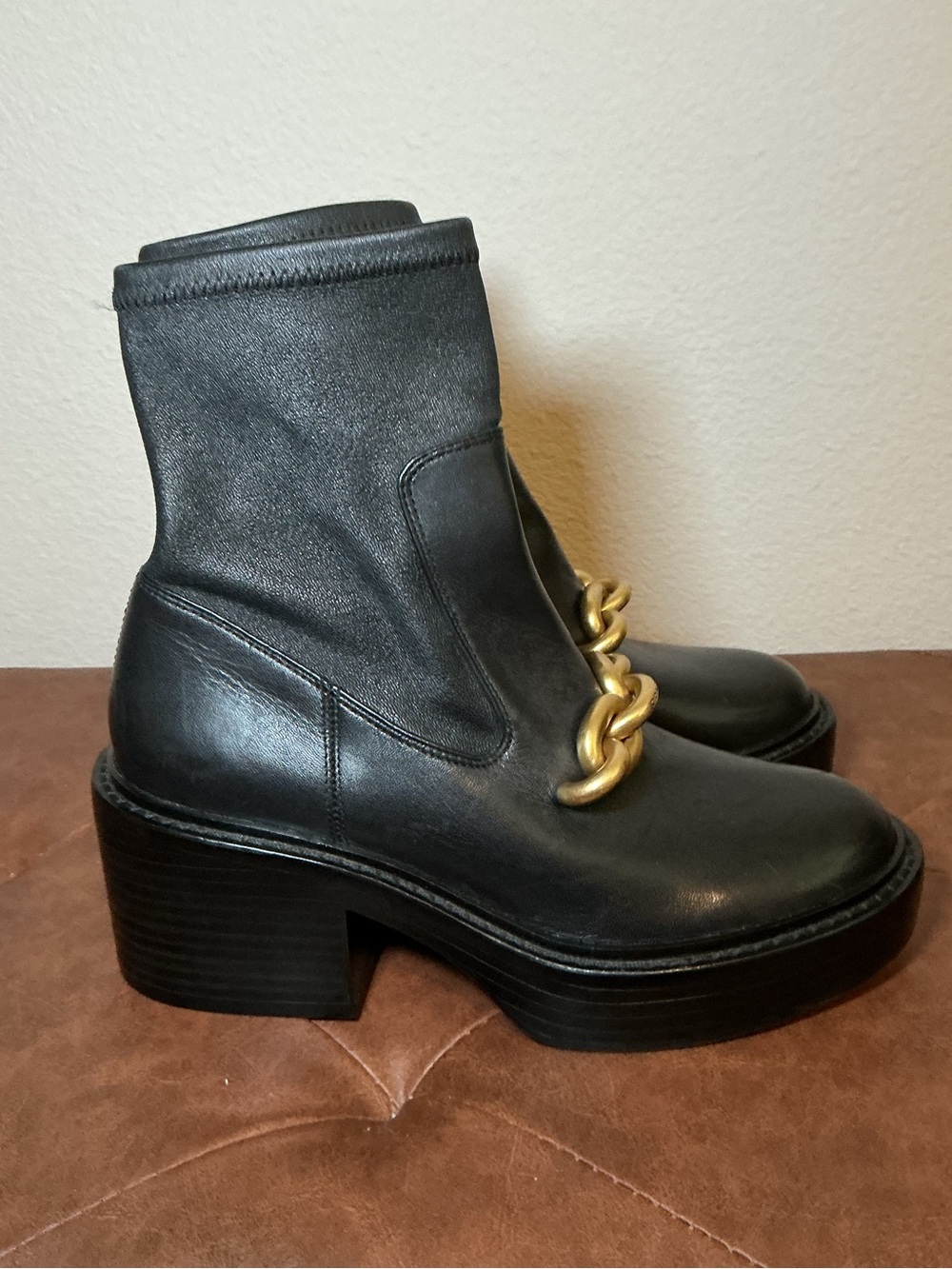 Coach Black Platform Ankle Boots with Gold Chain Accent